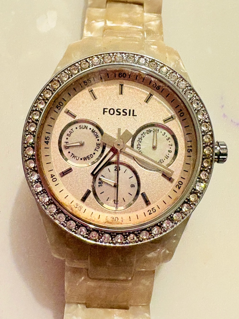Fossil Women’s Crystal-Bezel Beige Mother-of-Pearl Watch